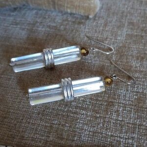 Clear Glass Triangular Cylinder Silver Tone Dangle Earrings
